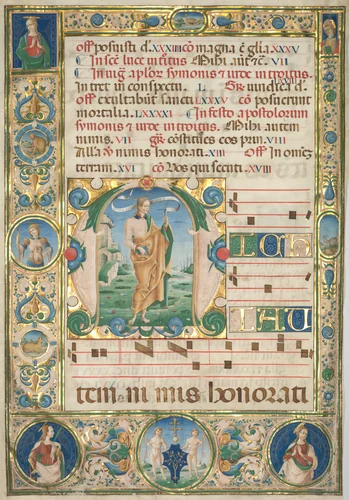 Leaf from a Gradual: Initial (M) with St. Andrew (recto) by Jacopo Filippo d' Argenta, manuscript, 1475-1485
