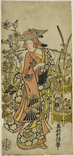 The Actor Hayakawa Hatsuse as a Flower Vendor by Okumura Toshinobu, print, 1724-1726