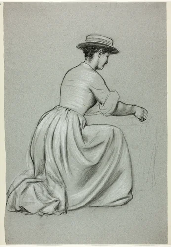 Kneeling Woman with Straw Hat by Henry Stacy Marks, drawing, 1849-1898