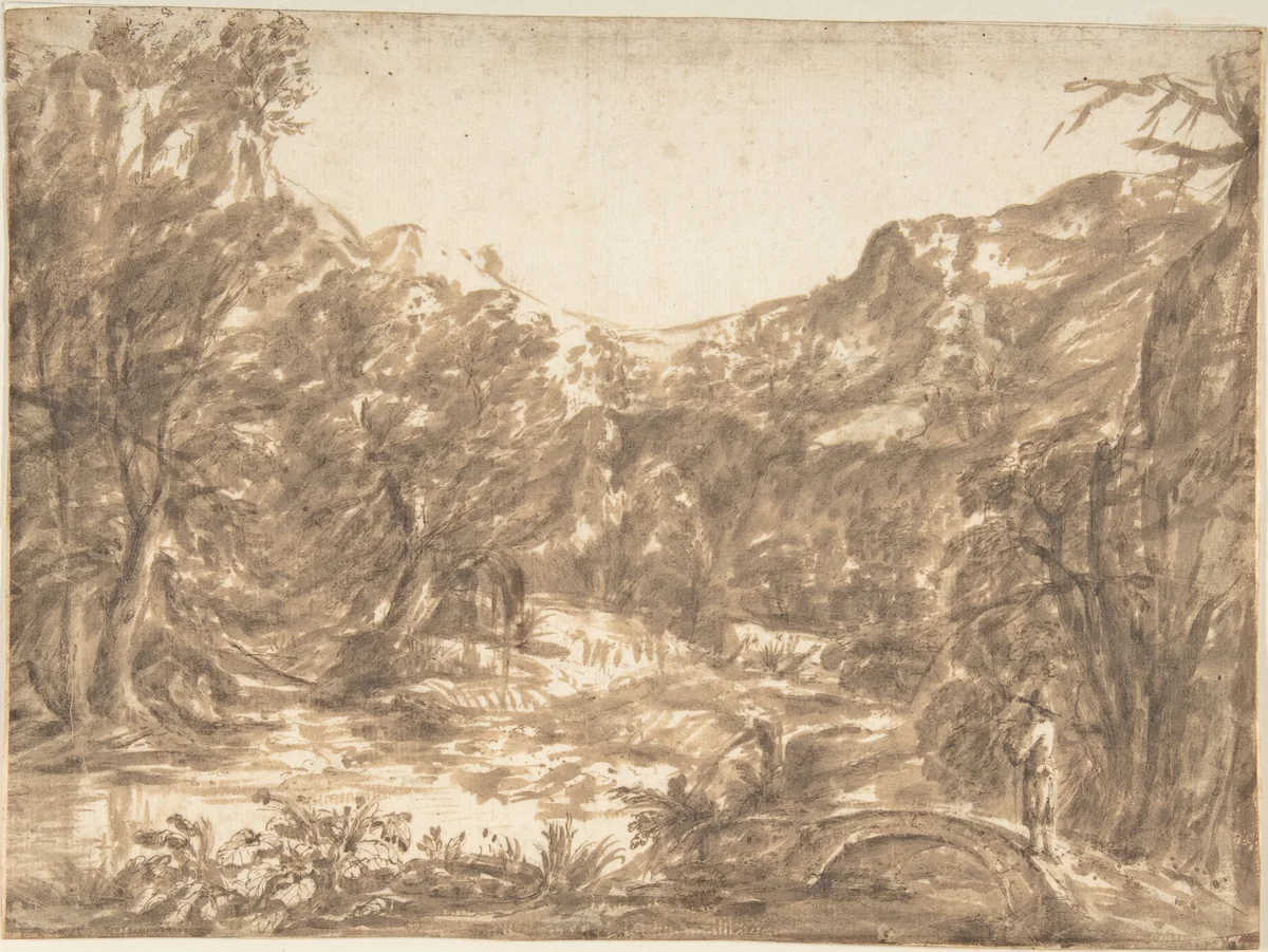 Landscape with Figure Standing on a Bridge by anonymous, drawing, 1600-1700