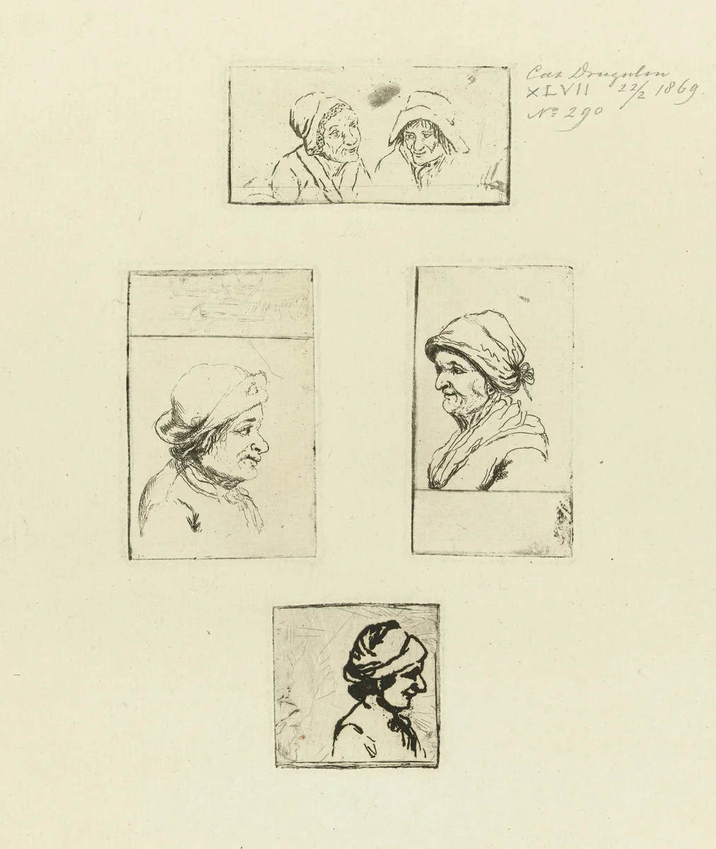 Studieblad met vier voorstellingen met portretbustes by Marie Lambertine Coclers, print, 1776-1815