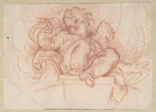 Study of a Putto Seated on a Corbel in a Shell Niche by Carlo Maratti, drawing, 1669-1681