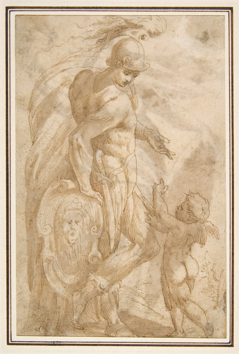 Mars and Cupid (recto); Female Standing Figure with a Helmet and a Shield (Bellona?) (verso) by Andrea Schiavone, drawing, 1501-1563