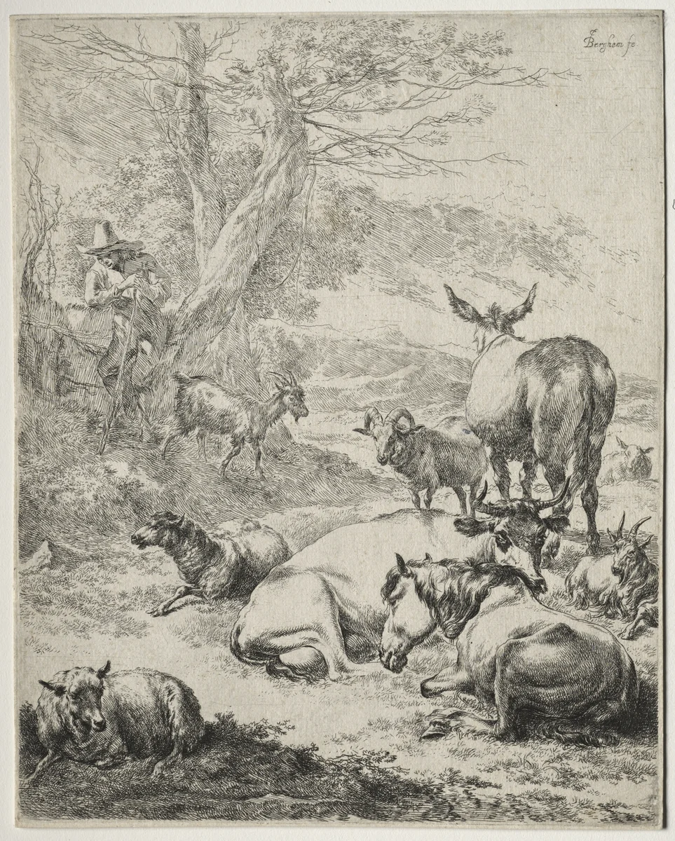 The Herd at Rest by Nicolaes Berchem, print, 1642-1662