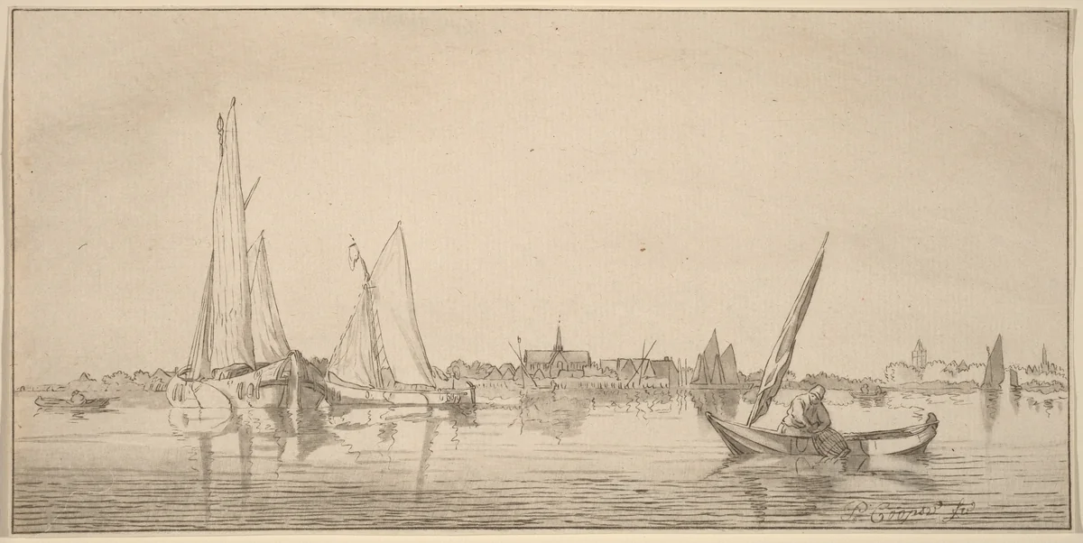 River with Town by Cornelis Ploos van Amstel, print, 1775