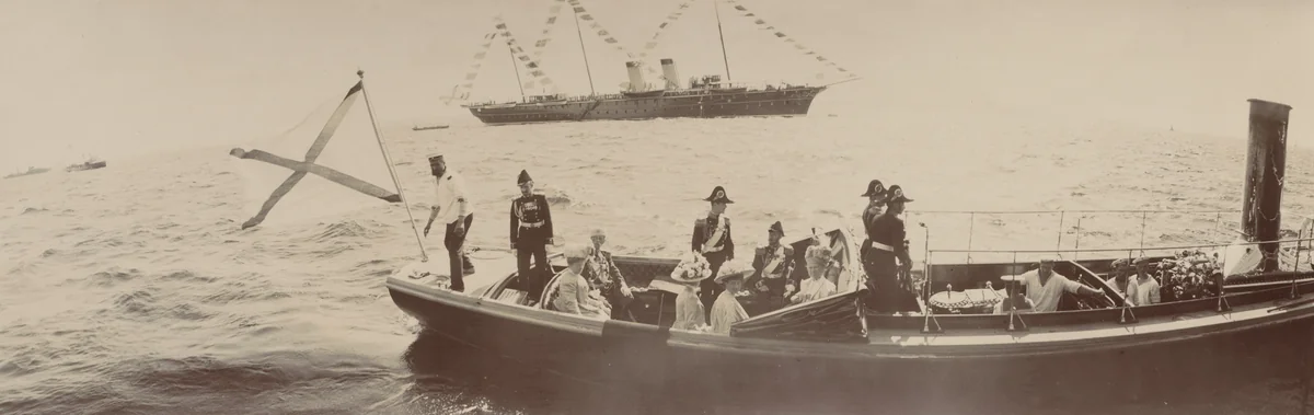 Count V. Fredericks, Emperor Nicholas II Holding a Sword, and Others in Launch Boat, Kronstadt by Unidentified Photographer, photograph, 1909