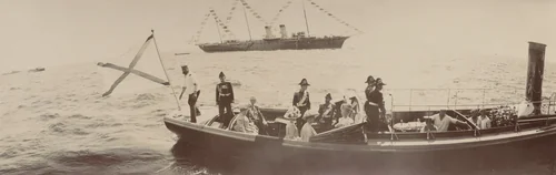 Count V. Fredericks, Emperor Nicholas II Holding a Sword, and Others in Launch Boat, Kronstadt by Unidentified Photographer, photograph, 1909