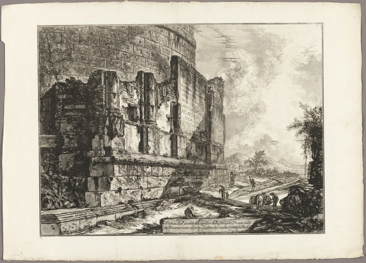 View of the Remains of the Tomb of the Plautii on the Via Tiburtina, near the Ponte Lugano, two miles distant from Tivoli, from Views of Rome by Giovanni Battista Piranesi, print, 1760-1769