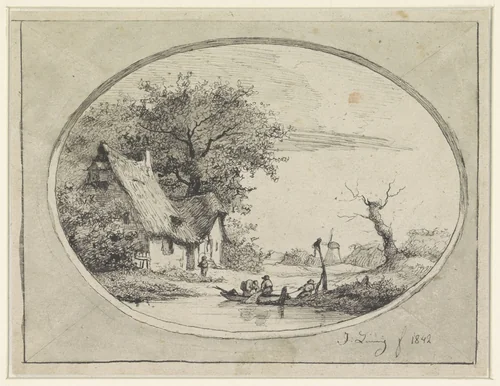 Landschap bij Cruybeke met figuren in een boot voor een boerderij by Jean Théodore Joseph Linnig, drawing, 1842