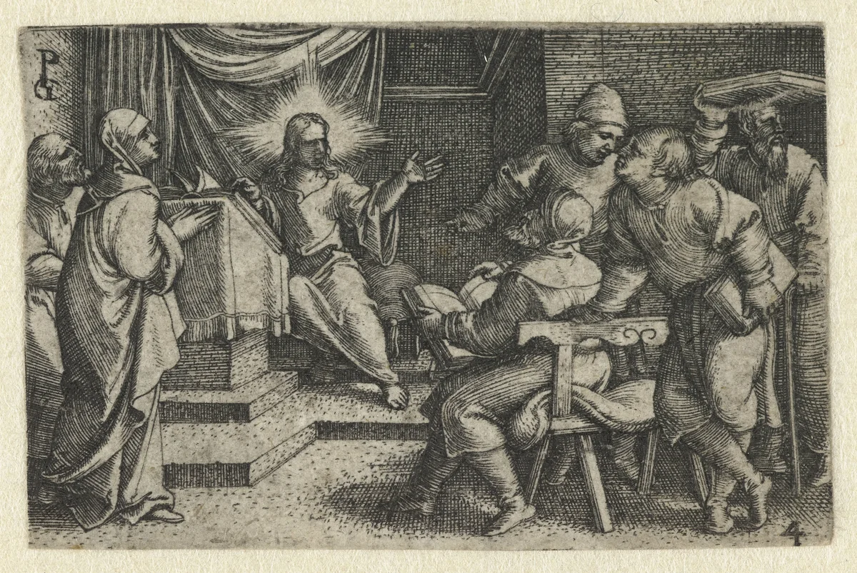 Christus onderwijst schriftgeleerden in de tempel by Unknown, print, 1534-1535