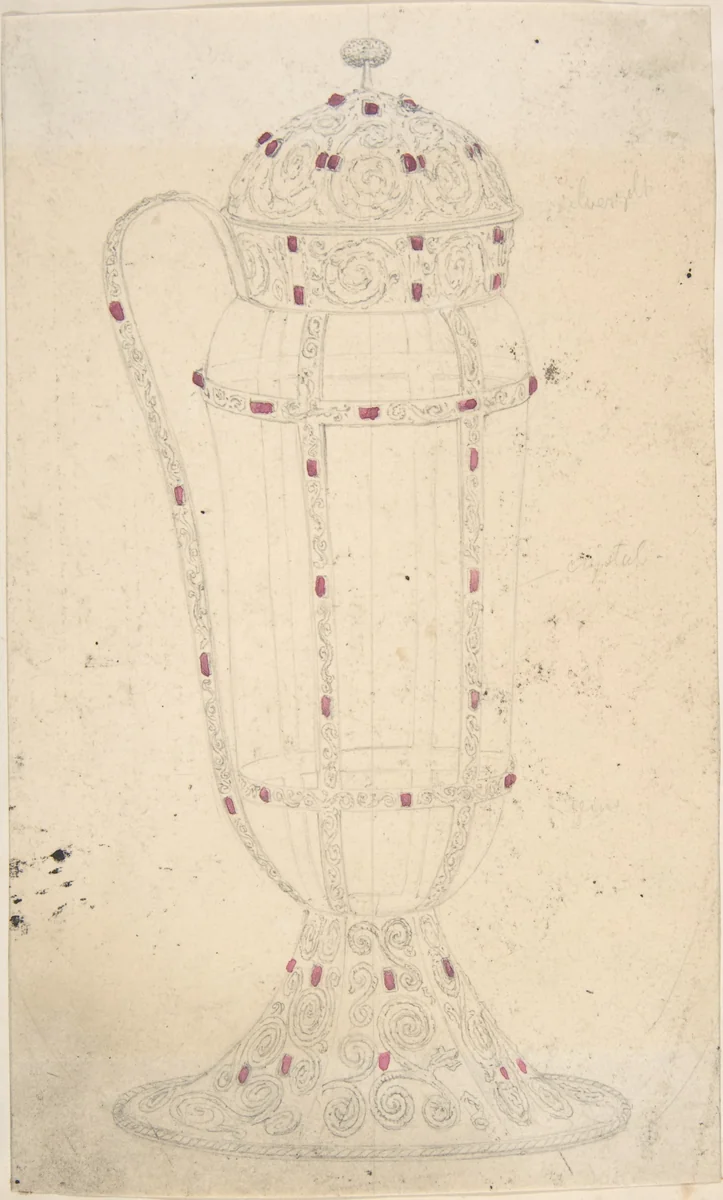 Crystal Vessel with Ornamented Metal Lid, Foot, Handle and Mounts by anonymous, drawing, 1850-1900