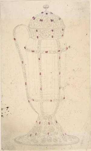 Crystal Vessel with Ornamented Metal Lid, Foot, Handle and Mounts by anonymous, drawing, 1850-1900