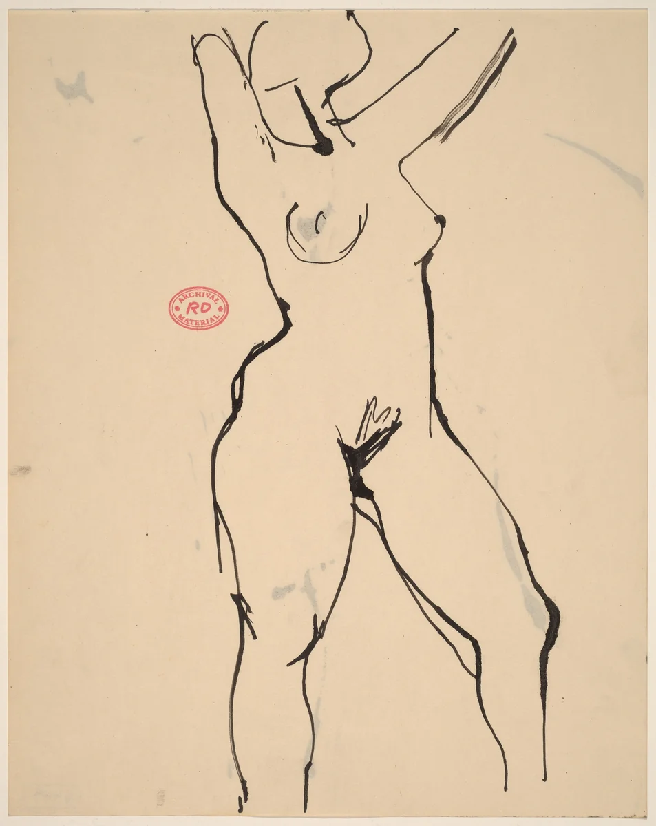 untitled [standing female nude with arms raised] by Richard Diebenkorn, drawing, 1955-1967