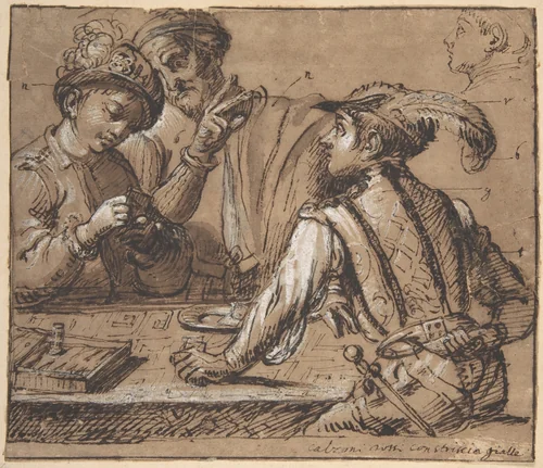 Study after Caravaggio's 'The Cardsharps' with color notes by anonymous, drawing, 1600-1700
