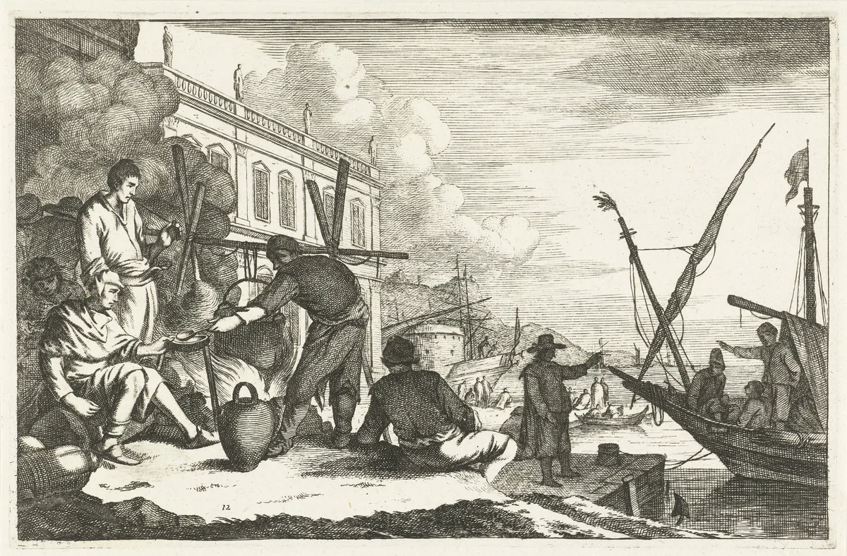 Haven met kooplieden bij vuur by Johannes Gronsveld, print, 1679-1728