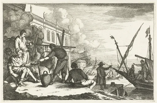 Haven met kooplieden bij vuur by Johannes Gronsveld, print, 1679-1728