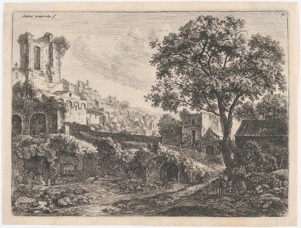 Ruin at the Entrance of a Town by Anthonie Waterloo, print, 1620-1690
