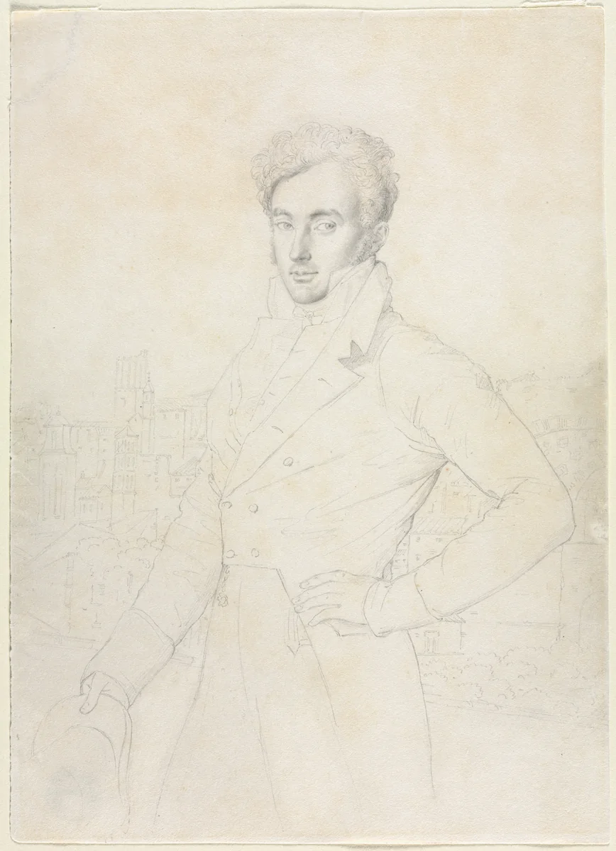 Portrait of a Young Man Standing on the Quirinal with the Turris Comitum in the Background by Jean-Auguste-Dominique Ingres, drawing, 1800-1899