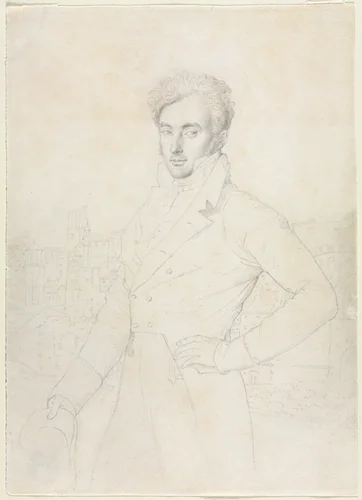 Portrait of a Young Man Standing on the Quirinal with the Turris Comitum in the Background by Jean-Auguste-Dominique Ingres, drawing, 1800-1899