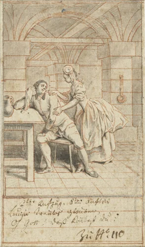 Louise bezoekt Alexis in de gevangenis by Daniel Nikolaus Chodowiecki, drawing, 1770-1775