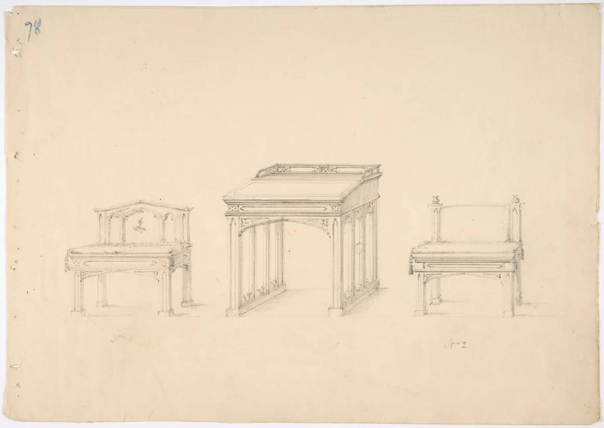 Design for a Gothic Desk and Two Low Chairs by anonymous, drawing, 1800-1850