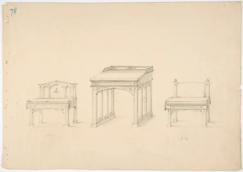 Design for a Gothic Desk and Two Low Chairs by anonymous, drawing, 1800-1850