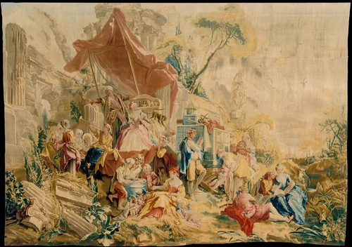 The Charlatan and the Peep Show from a set of the Italian Village Scenes by François Boucher, textile, 1734-1762