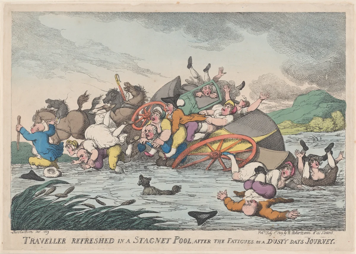 Traveller Refreshed in a Stagnant Pool, after the Fatigues of a Dusty Day's Journey by Thomas Rowlandson, print, 1809