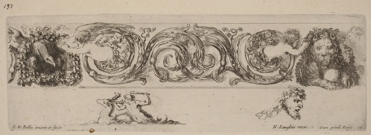 Ornamental Frieze with Eagle and Lion Engarlanded by Children by Stefano della Bella, print, 1648