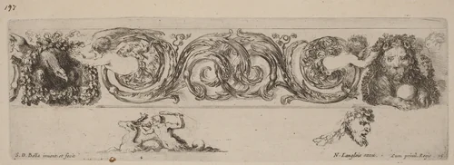 Ornamental Frieze with Eagle and Lion Engarlanded by Children by Stefano della Bella, print, 1648