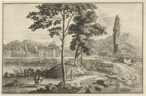Arcadisch rivierlandschap met sfinx by Adolf van der Laan, print, 1710-1747