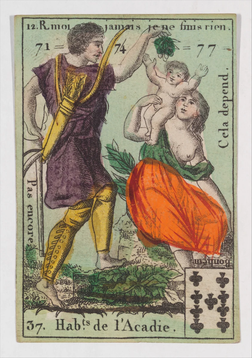 Hab.t de l'Acadie, from the playing cards (for quartets) "Costumes des Peuples Étrangers" by anonymous, print, 1700-1799