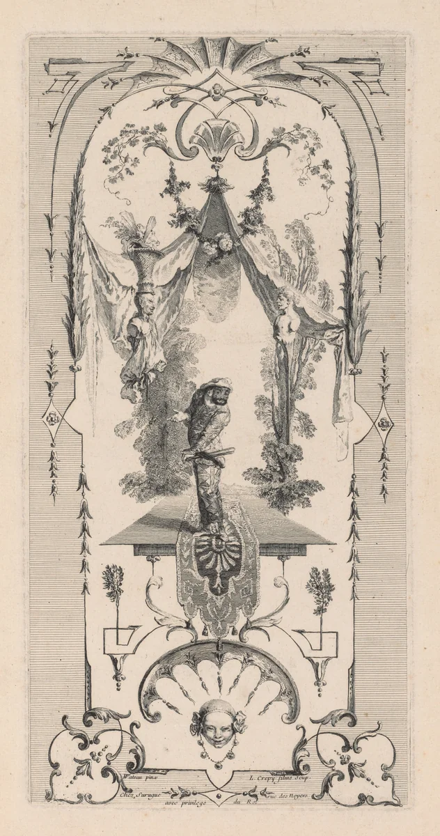 Harlequin, Arabesque by Louis Crépy, print, 1704-1750