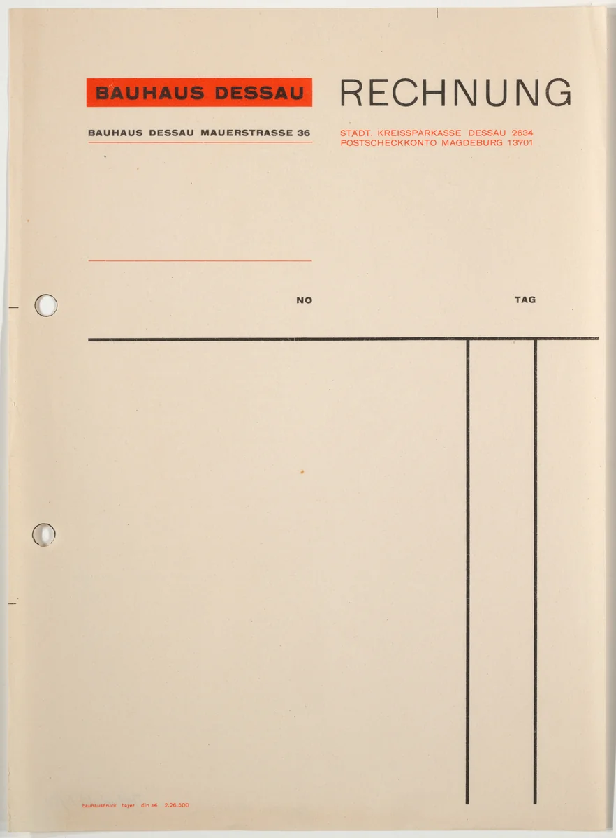Bauhaus Dessau stationery invoice by Herbert Bayer, design, 1926