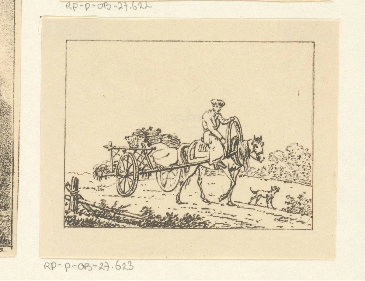 Kartrekkend paard met ruiter by Pieter Bartholomeusz. Barbiers, print, 1809-1837