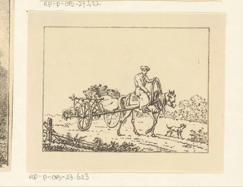 Kartrekkend paard met ruiter by Pieter Bartholomeusz. Barbiers, print, 1809-1837