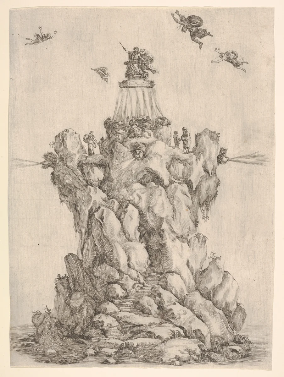 The rock of Aeolus, surrounded by water, with steps leading up the rock, the heads of three of the four winds on each corner blowing outwards, Aeolus crowned at the summit, four winds in the sky around him, from "The contest of the seasons" (La gara delle stagioni) by Stefano della Bella, print, 1652