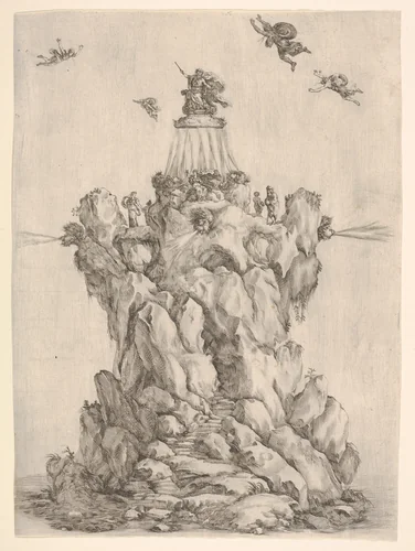 The rock of Aeolus, surrounded by water, with steps leading up the rock, the heads of three of the four winds on each corner blowing outwards, Aeolus crowned at the summit, four winds in the sky around him, from "The contest of the seasons" (La gara delle stagioni) by Stefano della Bella, print, 1652