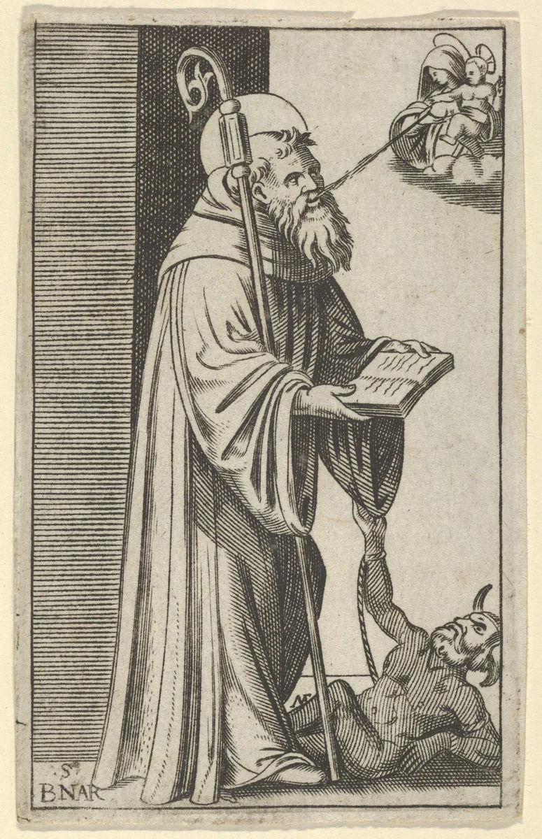 Saint Bernard standing holding an open book, a chained dragon at the lower right, from "Piccoli Santi" (Small Saints) by Marcantonio Raimondi, print, 1495-1505