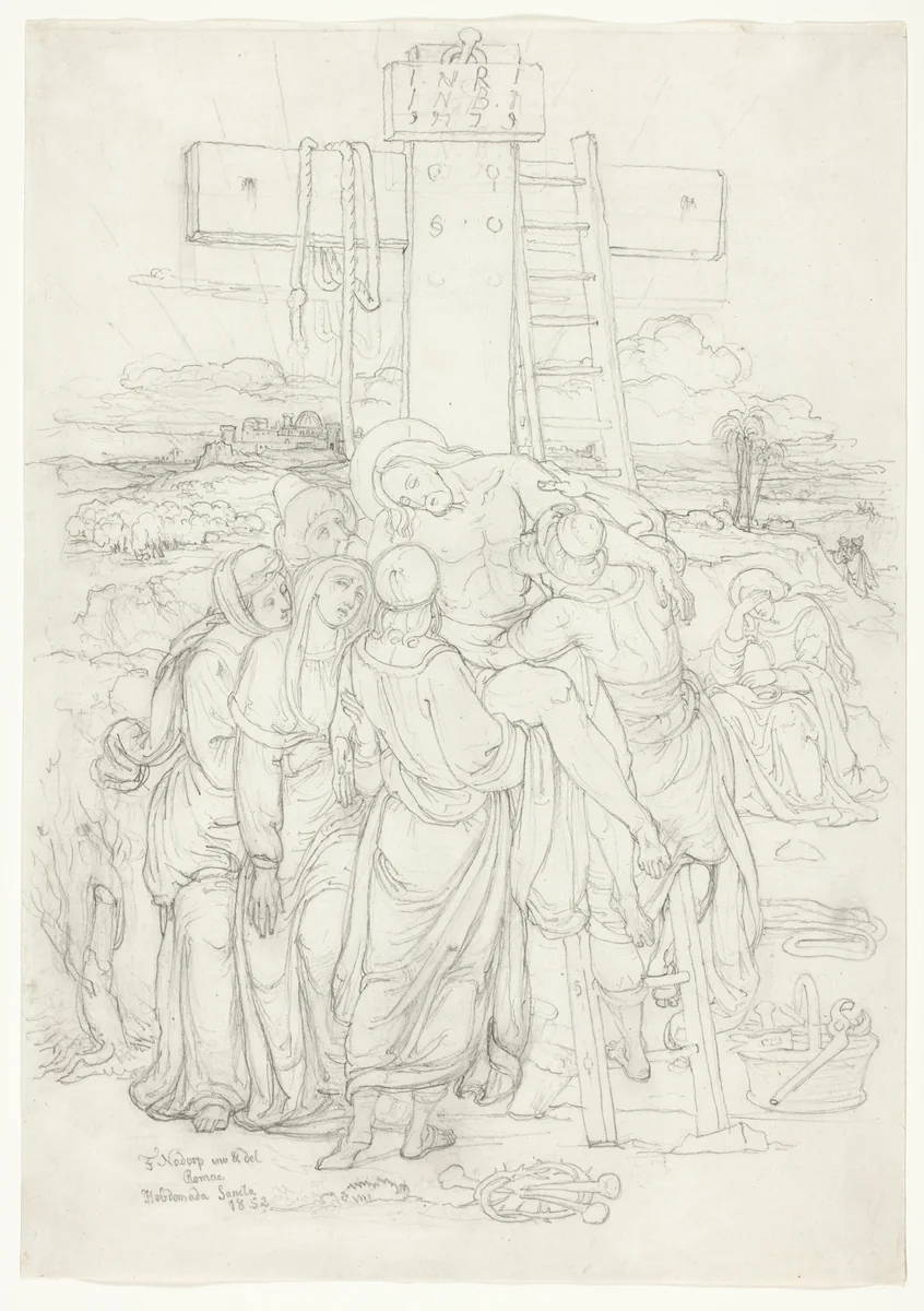 Descent from the Cross with a Silhouette of Jerusalem in the Background by Franz Johann Heinrich Nadorp, drawing, 1852