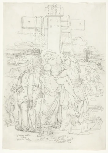 Descent from the Cross with a Silhouette of Jerusalem in the Background by Franz Johann Heinrich Nadorp, drawing, 1852