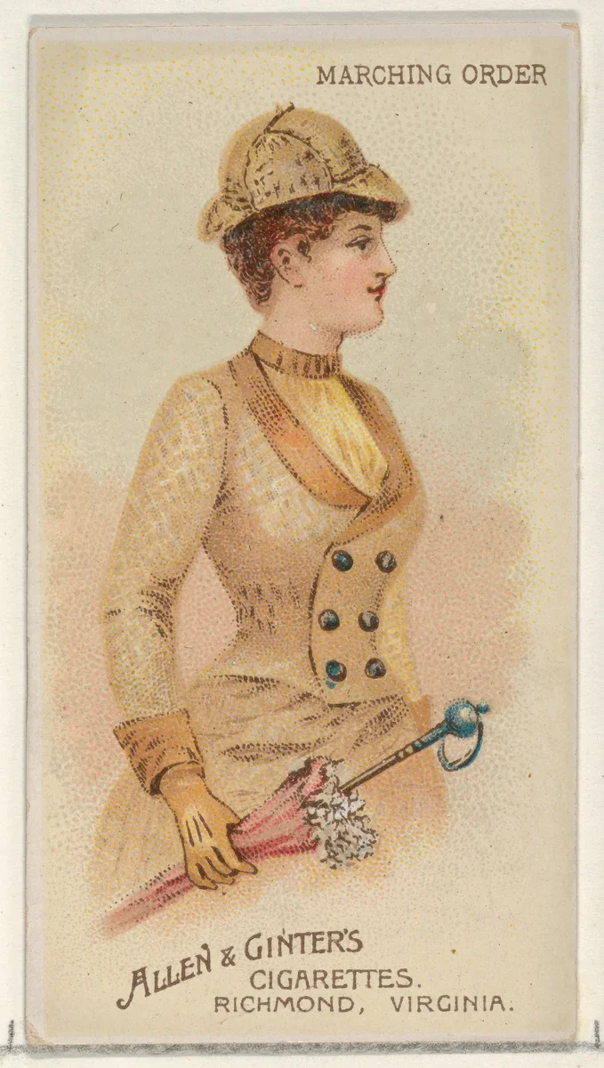 Marching Order, from the Parasol Drills series (N18) for Allen & Ginter Cigarettes Brands by Allen & Ginter, print, 1888