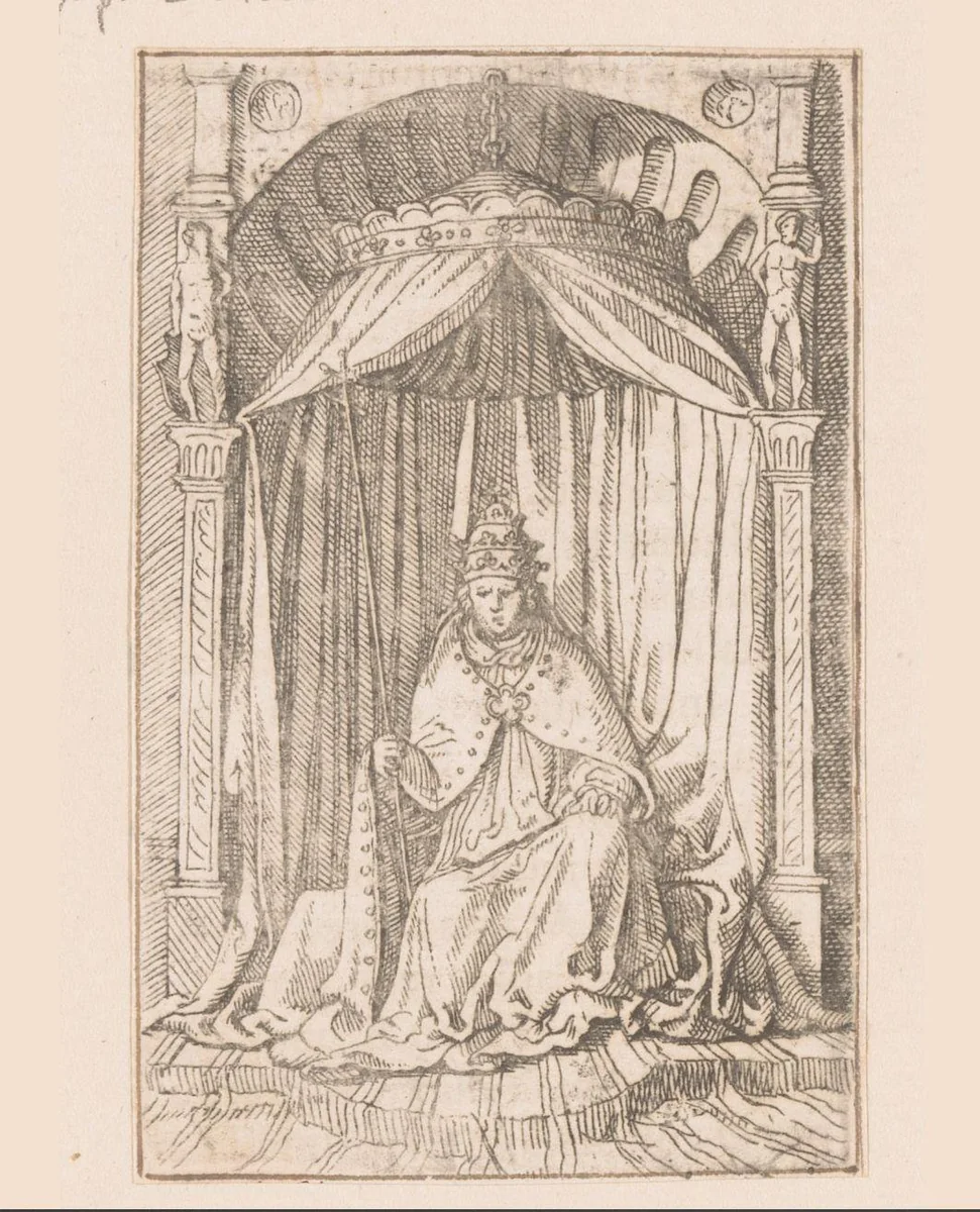 Paus Leo X zittend op troon by Caspar Merian, print, 1516