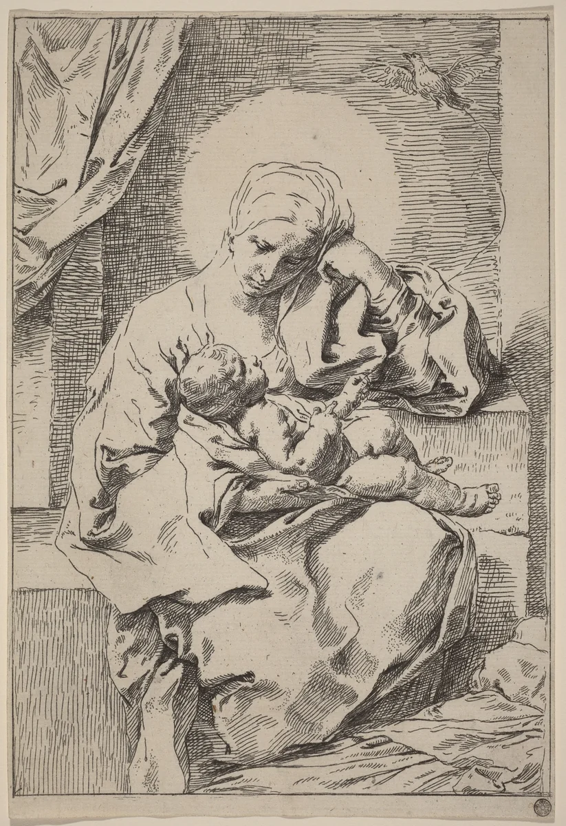 The Virgin and Child with a Bird by Simone Cantarini, print, 1630-1648
