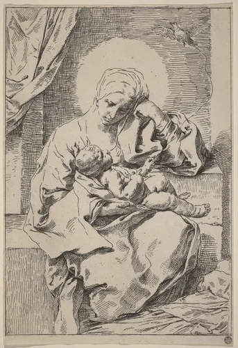 The Virgin and Child with a Bird by Simone Cantarini, print, 1630-1648