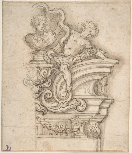 Design for the Right Half of an Overdoor Decoration with a Bust by Giovanni Battista Foggini, drawing, 1652-1725