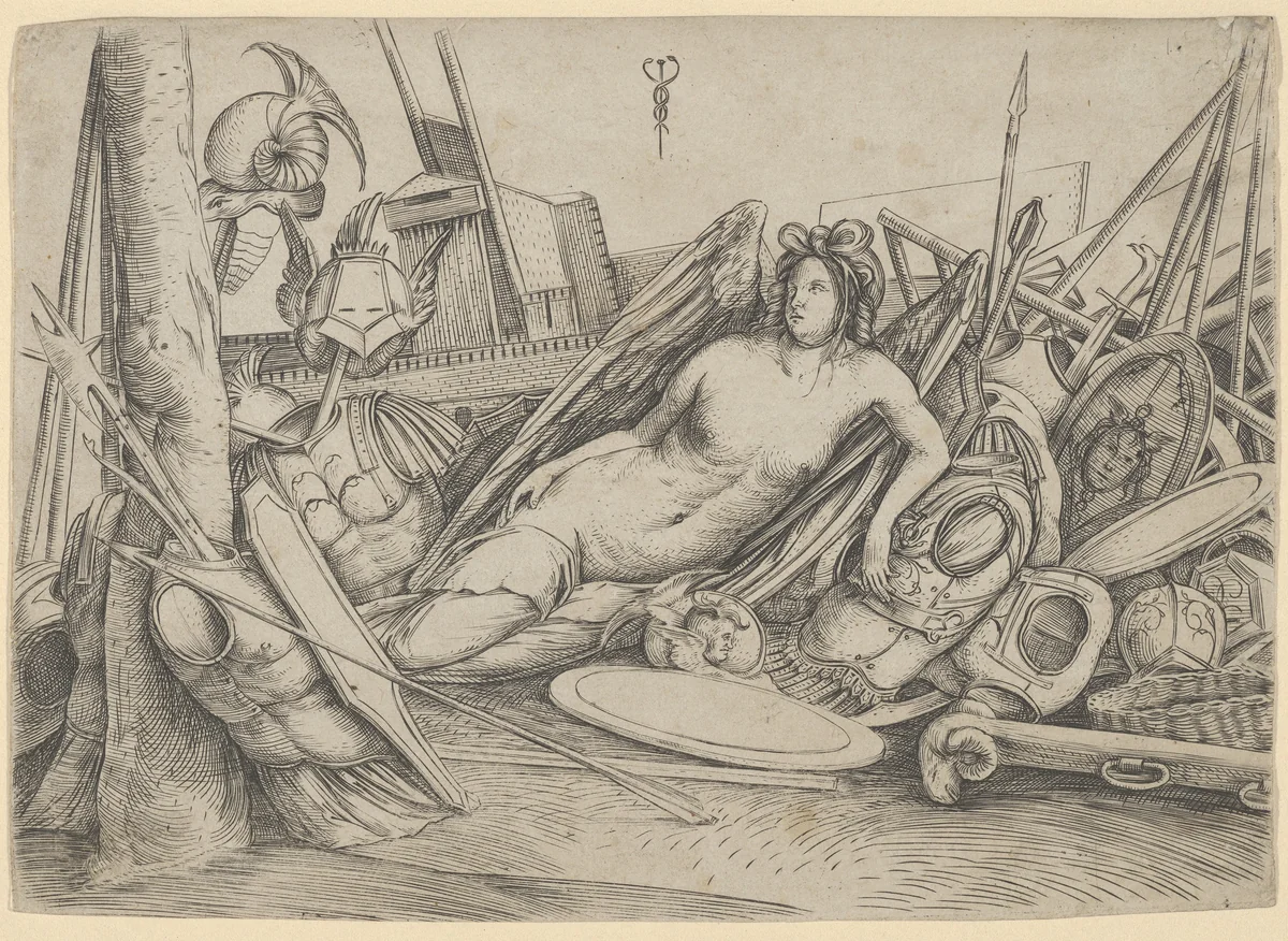 Victory reclining amid trophies by Jacopo de' Barbari, print, 1493-1503
