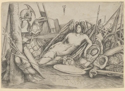 Victory reclining amid trophies by Jacopo de' Barbari, print, 1493-1503