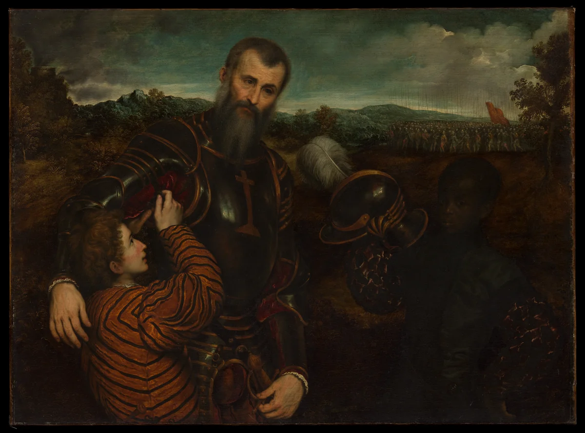 Portrait of a Man in Armor with Two Pages by Paris Bordon, painting, 1520-1571