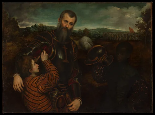 Portrait of a Man in Armor with Two Pages by Paris Bordon, painting, 1520-1571